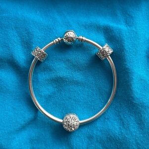 Pandora Sterling Silver Moments Bangle with 3 Charms